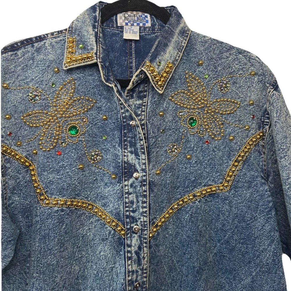 VTG 80’s Short Sleeve Acid Wash Denim Beaded & Embellished Button Up Shirt M - Picture 4 of 11